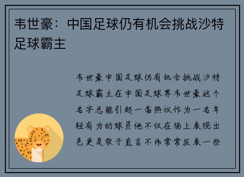 韦世豪：中国足球仍有机会挑战沙特足球霸主